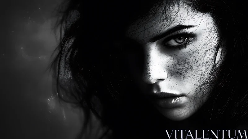 Storm-lit gaze in monochrome shadow, freckled with mystery.