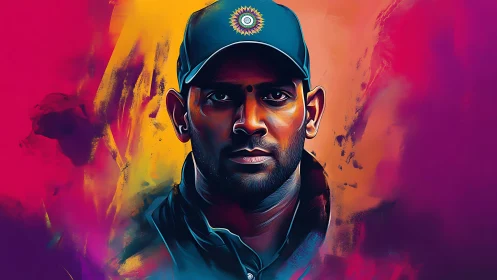 Cricket captain portrait glowing in bold neon colors.