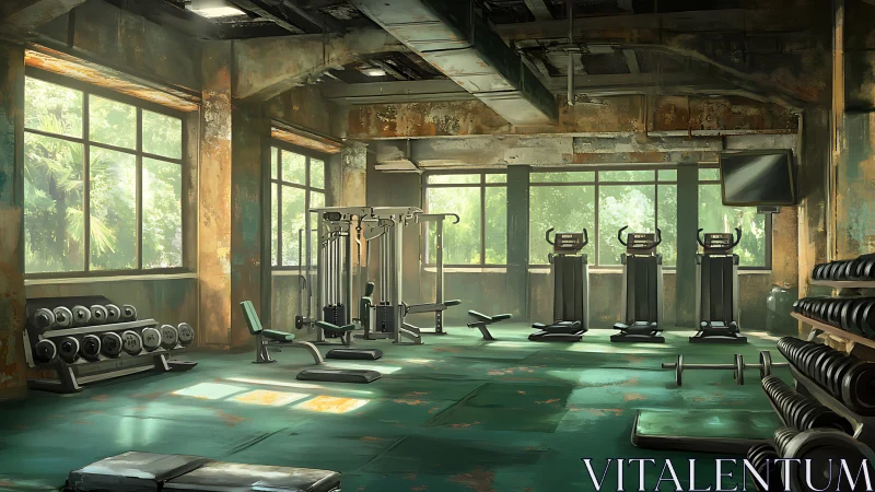 Digital painting of sunlit industrial gym interior environment.