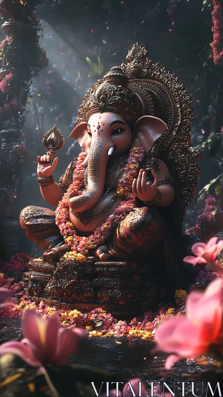 Divine Ganesha sculpture glows amid floral forest shrine.