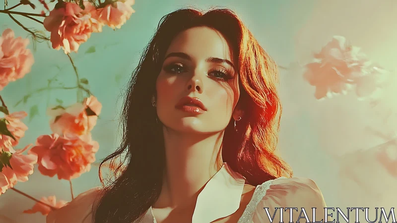 Stylized portrait of woman with flowers and warm lighting.