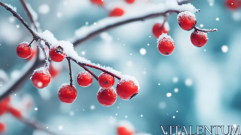 Snow-dusted red berries rendered in shallow-focus macro view