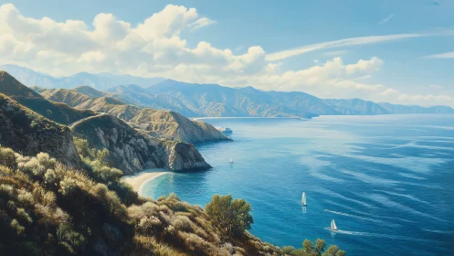 Sunlit coastal cliffs overlook calm blue sailing waters.
