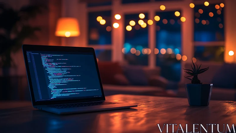 Laptop with code in cozy bokeh lit living room workspace