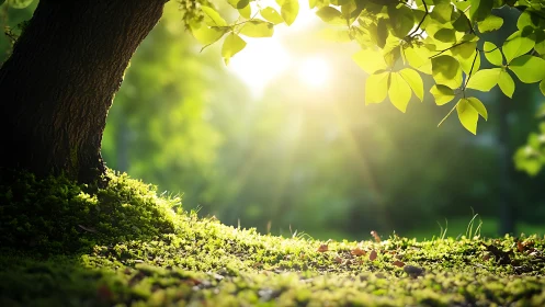 Sunlit forest nook where quiet green light feels alive.