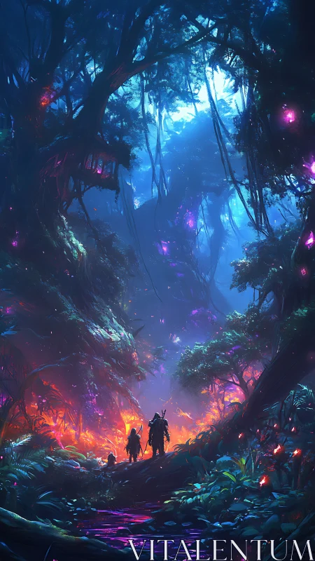 Mystic explorers crossing a bioluminescent jungle inferno.