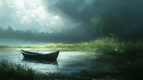 Solitary green rowboat adrift beneath stormlit meadow sky.