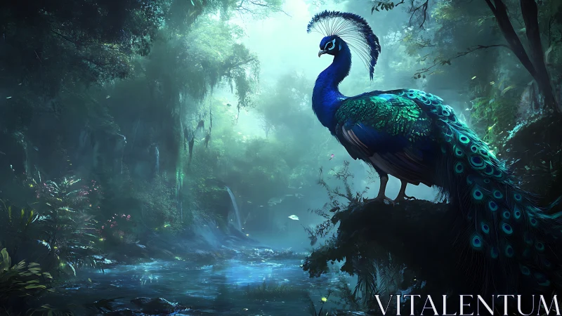 Peacock stands on forest ledge above reflective river channel