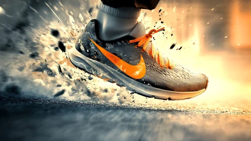 Running shoe striking pavement with dynamic debris burst.