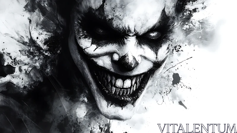 Ink-splattered nightmare clown grins through swirling smoke.