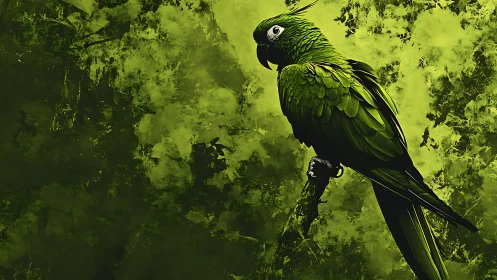 Vibrant green parrot perched on branch, digital art style.