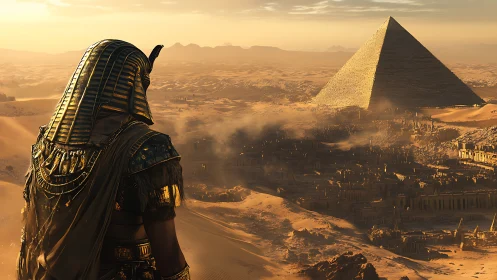 Pharaoh overlooking vast desert city and glowing pyramid.