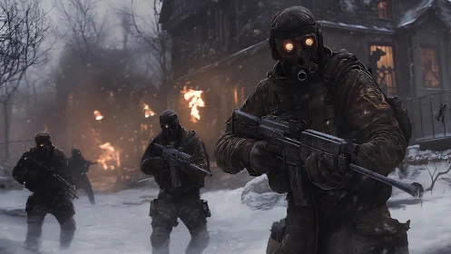 Paramilitary operators advance through burning snowbound village