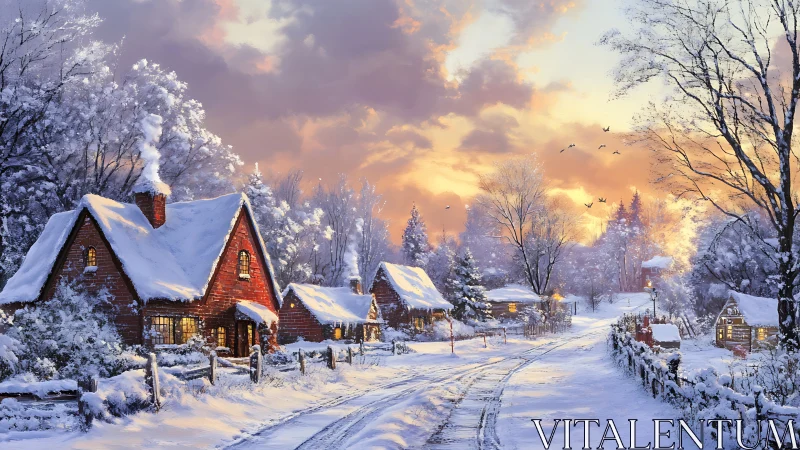 Snowlit cottage lane where winter hush meets ember glow.
