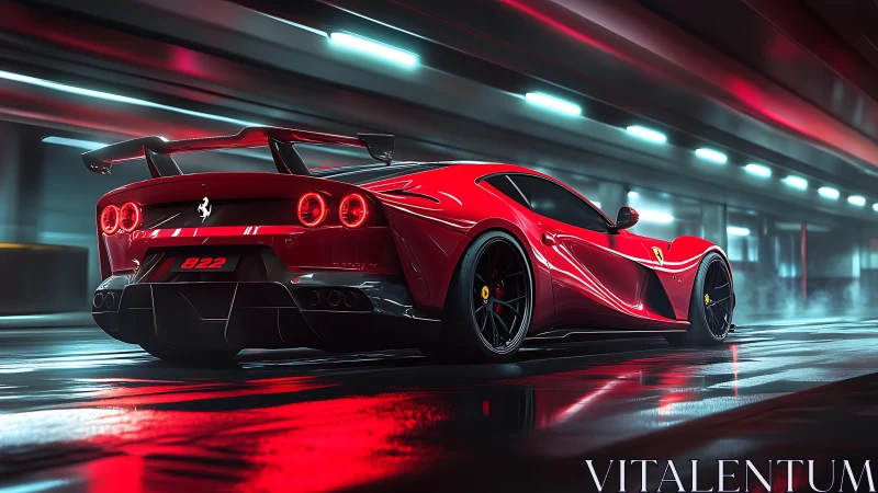 Scarlet supercar carves neon tunnels with predator calm