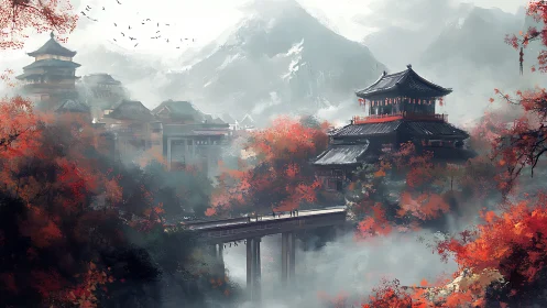 Autumnal mountain pagoda complex in atmospheric digital rendering.