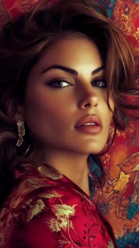 Digital portrait shows close-up of woman against patterned backdrop