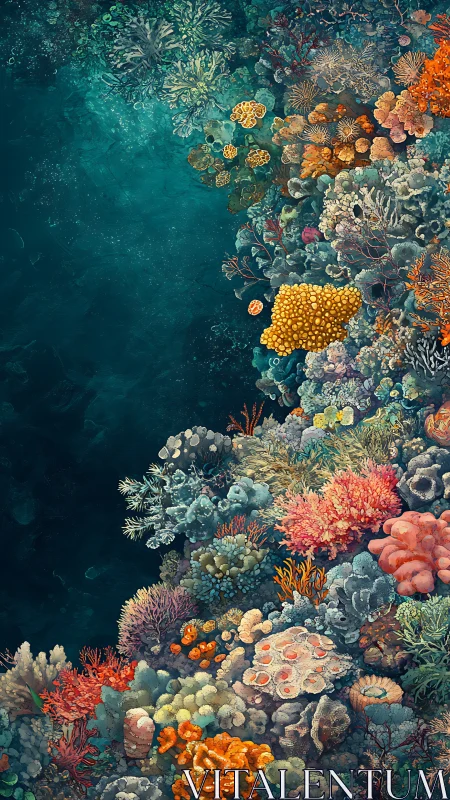Coral reef edge descends into deep teal open water