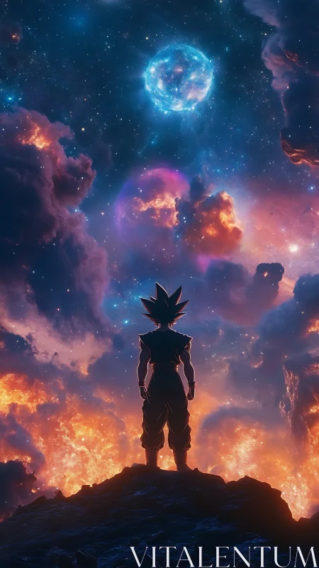 Stargazing warrior crowns a blazing cosmic storm horizon.