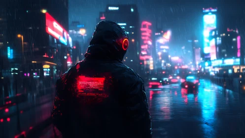 Neon soaked night wanderer glowing softly in the rain.