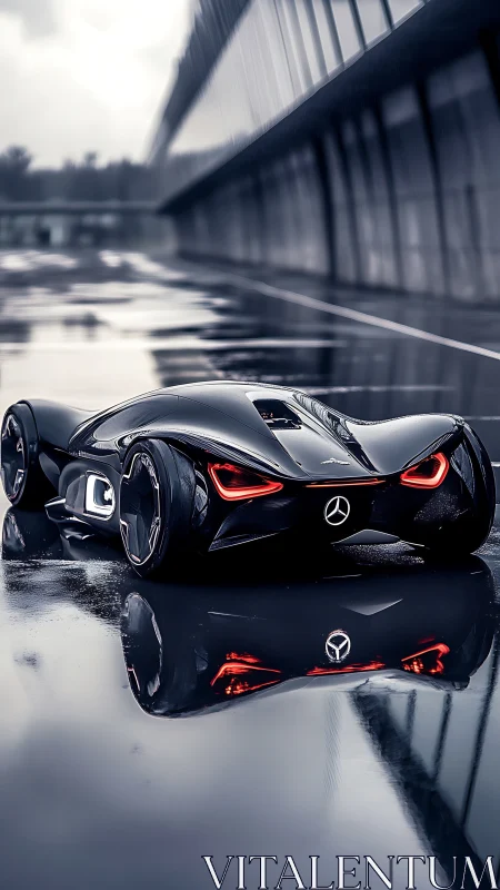 Futuristic Mercedes concept car glides across rainy tarmac