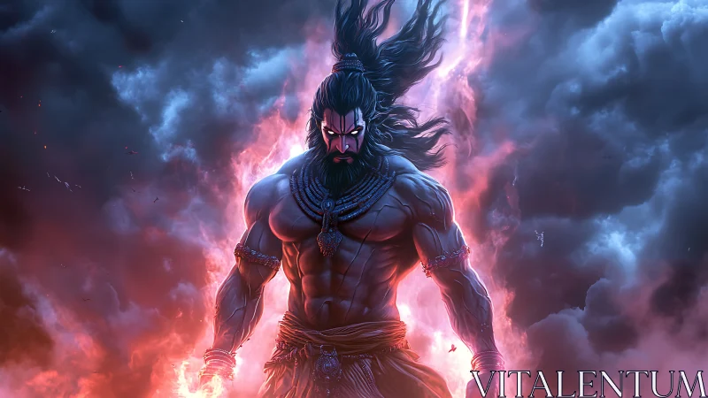 Mythic warrior figure amid storm clouds and vivid energy field.