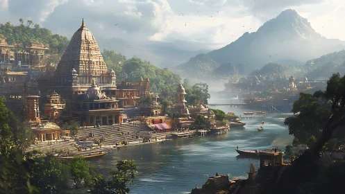 Sunlit river temple city breathes in misty mountain calm