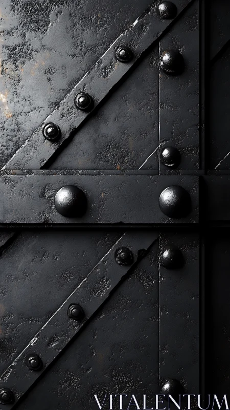 Weathered black metal plates form a rugged industrial surface