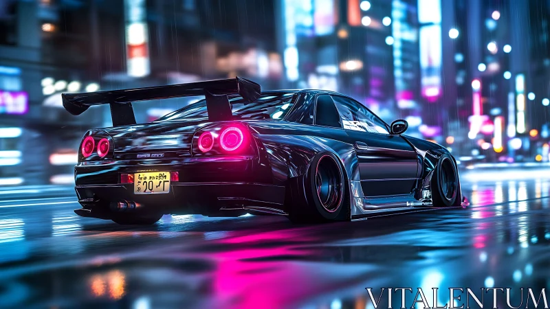 Modified sports coupe powers through neon soaked city street