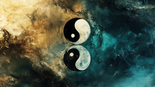 Twin yin yang orbits in swirling teal and ember cosmos.