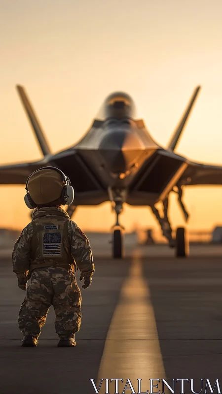 Tiny aviator quietly measures dreams against a giant jet