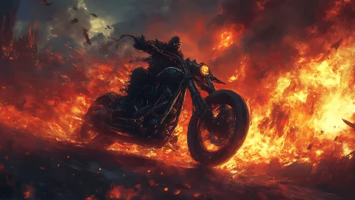 Armored rider on burning motorcycle in fiery wasteland.