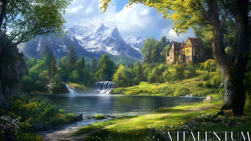 Lakeside manor beneath snowcapped mountains at sunrise.