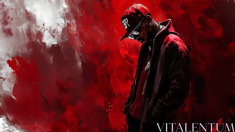 Digital painting of urban figure on red abstract brush ground.