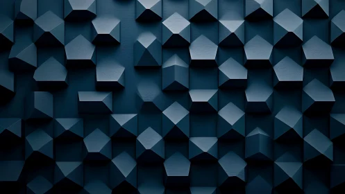 Dark blue geometric 3D wall with faceted cube pattern.