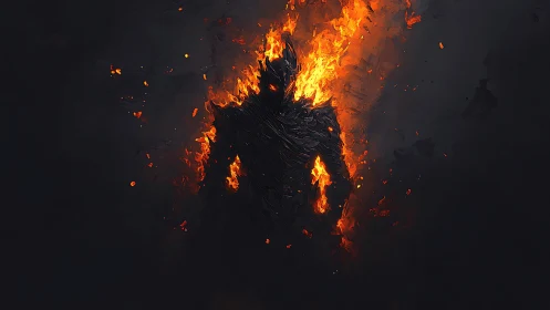 Flaming shadow warrior emerges through molten darkness.
