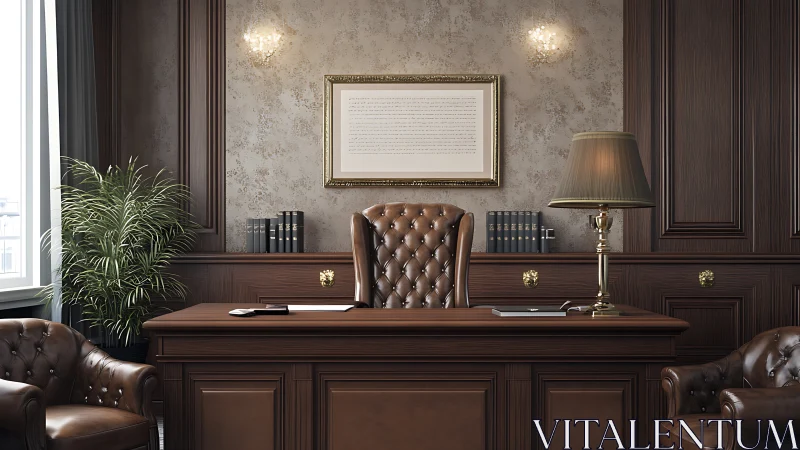 Executive mahogany office interior with tufted leather desk chair