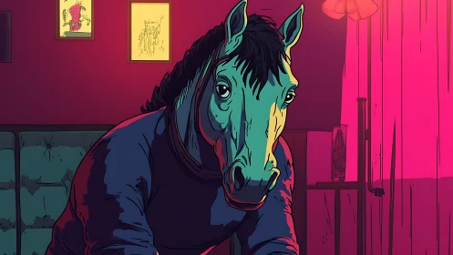 Anthropomorphic horse figure seated in stylized interior scene.