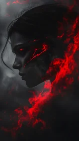 Dark sorceress profile wreathed in red infernal smoke.