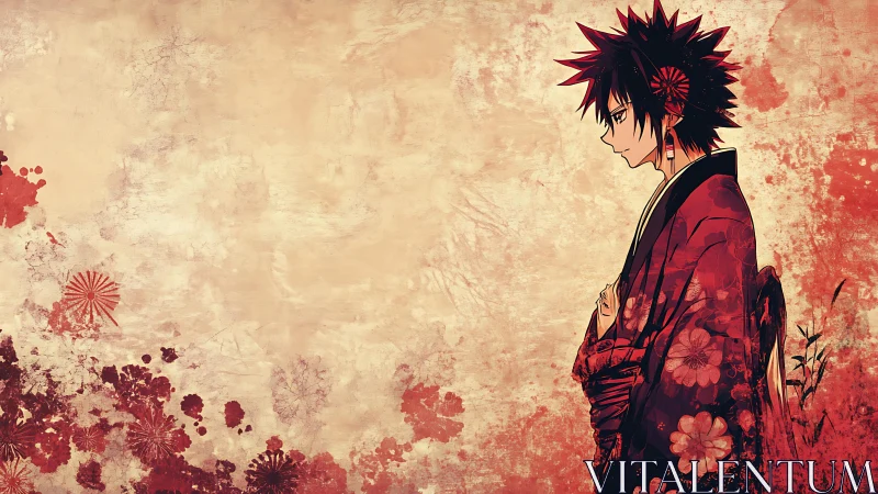 Kimono-clad anime figure in asymmetrical floral composition.