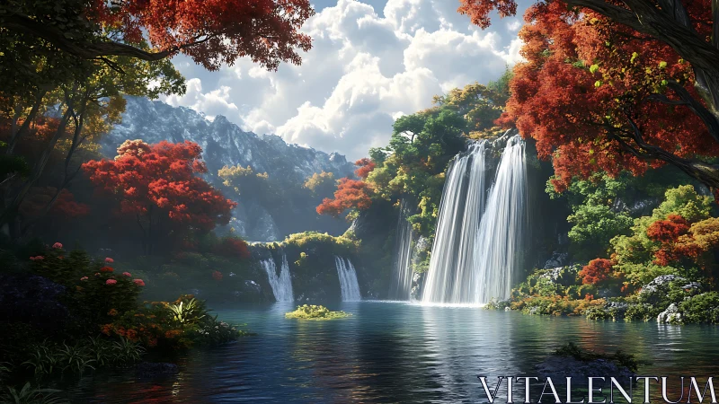Cinematic autumn waterfall cascades into reflective forest lake