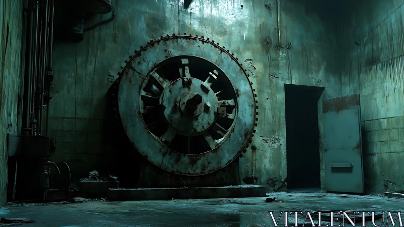 Rusting industrial turbine dominates flooded concrete vault.