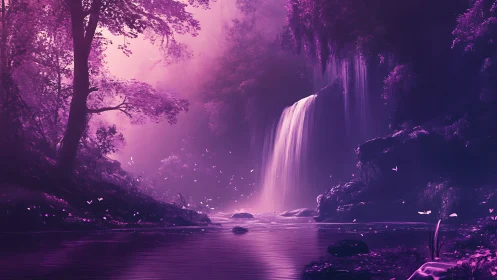 Enchanted violet waterfall glowing in a dreamy forest.