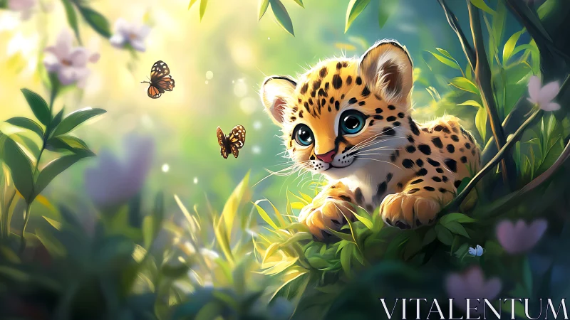 Spotted Leopard Cub in Sunlit Forest Clearing.