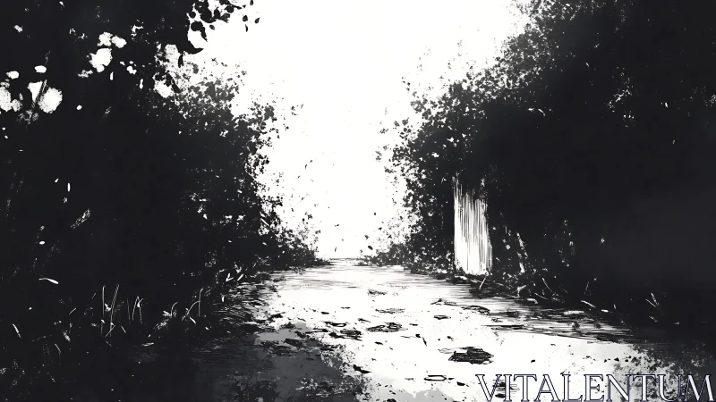 Ink-washed woodland path with high-contrast negative space composition.