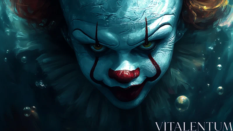 Drowned circus grin surfaces through teal water like a nightmare