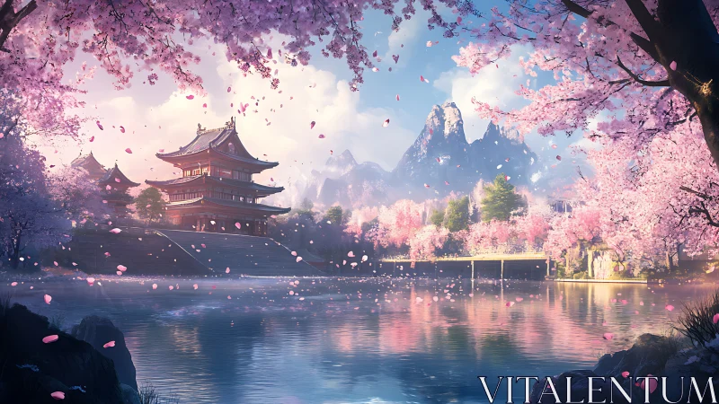 Cherry blossom lakeside temple with distant alpine peaks at dawn