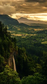 Golden hour waterfall pouring into a peaceful green valley.