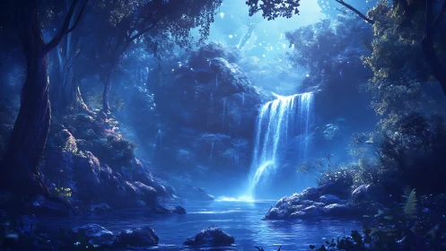 Luminous Waterfall Canyon in Blue Mystical Forest