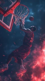 Dynamic basketball dunk explodes through glowing neon sky.